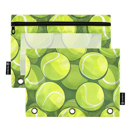 Fustylead Federmäppchen für 3-Ringbälle, Cartoon-Motiv, gelb-grüne Tennisbälle, Reißverschlusstasche mit transparentem Fenster, Federmäppchen für Zuhause, Büro, Schule, Kinder, Lieferanten, 2 Stück von Fustylead