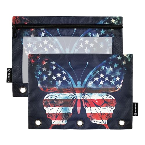 Fustylead Federmäppchen für 3-Ringbinder, Motiv: USA-Flagge, Schmetterlingsmotiv, Reißverschlusstasche mit transparentem Fenster, Federmäppchen für Zuhause, Büro, Schule, Kinder, Lieferanten, 2 Stück Fustylead Federmäppchen für 3-Ringbinder, Motiv: USA-Flagge, Schmetterlingsmotiv, Reißverschlusstasche mit transparentem Fenster, Federmäppchen für Zuhause, Büro, Schule, Kinder, Lieferanten, 2 Stück von Fustylead