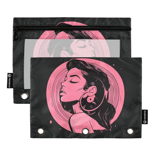 Fustylead Federmäppchen für 3-Ringbücher, elegante Frau mit Vinyl-Schallplatten, Reißverschlusstasche mit transparentem Fenster, Federmäppchen für Zuhause, Büro, Schule, Kinder, Lieferanten, 2 Stück Fustylead Federmäppchen für 3-Ringbücher, elegante Frau mit Vinyl-Schallplatten, Reißverschlusstasche mit transparentem Fenster, Federmäppchen für Zuhause, Büro, Schule, Kinder, Lieferanten, 2 Stück von Fustylead