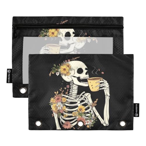 Fustylead Federmäppchen für Kaffeeliebhaber, Blumen-Skelett-Trinkkaffee, passend für Standard-3-Ring-Ordner, Reißverschluss-Bleistifttasche mit transparentem Fenster für Büro, Schule, Kosmetik, 2 von Fustylead