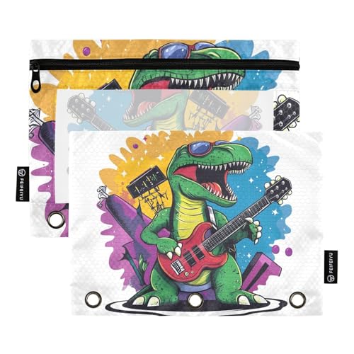 Fustylead Federmäppchen für Musiker T-Rex Dinosaurier-Spielgitarre für 3-Ringbinder, Reißverschlusstasche mit transparentem Fenster, Federmäppchen für Zuhause, Büro, Schule, Kinder, Lieferanten, 2 von Fustylead