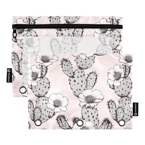 Fustylead Federmäppchen im Retro-Stil mit Kaktusblüten auf Rosa, passend für Standard-3-Ring-Ordner, Reißverschluss-Bleistifttasche mit transparentem Fenster für Büro, Schule, Kosmetik, 2 Stück, rose von Fustylead