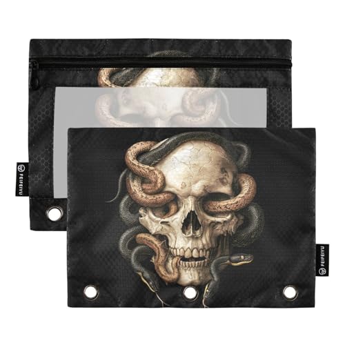 Fustylead Federmäppchen im Retro-Stil mit Totenkopf und Schlangen, passend für Standard-3-Ring-Ordner, Reißverschluss-Bleistifttasche mit transparentem Fenster, für Büro, Schule, Kosmetik, 2 Stück Fustylead Federmäppchen im Retro-Stil mit Totenkopf und Schlangen, passend für Standard-3-Ring-Ordner, Reißverschluss-Bleistifttasche mit transparentem Fenster, für Büro, Schule, Kosmetik, 2 Stück von Fustylead