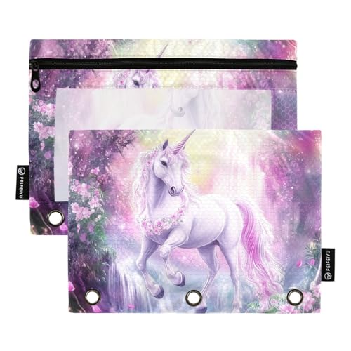 Fustylead Federmäppchen im romantischen Stil Einhorn im Wald, passend für Standard-3-Ringbinder, Reißverschluss-Bleistifttasche mit transparentem Fenster für Büro, Schule, Kosmetik, 2 Stück, rose von Fustylead