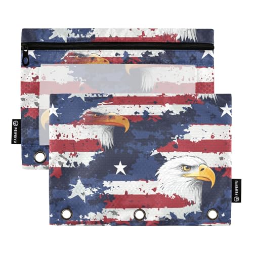 Fustylead Federmäppchen mit Adler und amerikanischer Flagge mit transparentem Fenster für 3-Ringbinder, Reißverschluss-Federmäppchen, Kosmetiktaschen für Schule, Büro, Kosmetik, Studenten, Zubehör, 2 von Fustylead