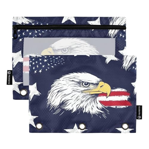 Fustylead Federmäppchen mit Adler und amerikanischer Flagge und Sternen, mit transparentem Fenster für 3-Ringbinder, Reißverschluss-Federmäppchen, Kosmetiktaschen für Schule, Büro, Kosmetik, Studenten von Fustylead