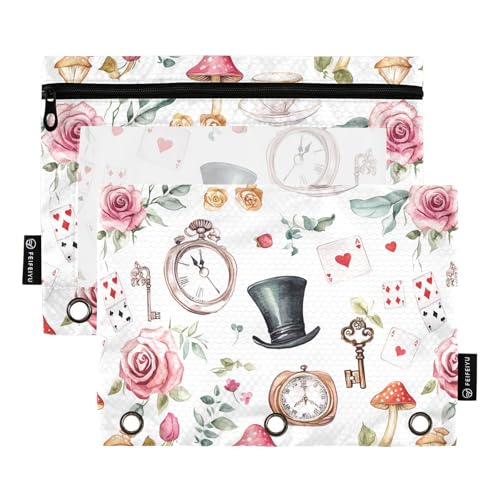Fustylead Federmäppchen mit Aquarell-Rosen, passend für Standard-3-Ring-Ordner, Reißverschluss-Bleistifttasche mit transparentem Fenster, für Büro, Schule, Kosmetik, 2 Stück, weiß von Fustylead