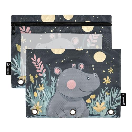 Fustylead Federmäppchen mit Aufschrift "Happy Hippo in Wasser und Blume" für 3-Ringbinder, Reißverschlusstasche mit transparentem Fenster, Federmäppchen für Zuhause, Büro, Schule, Kinder, Lieferanten von Fustylead