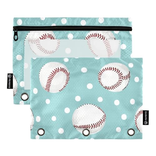 Fustylead Federmäppchen mit Cartoon-Baseball- und Punktemuster für 3 Ringe, Bleistifttaschen mit Reißverschluss, transparentes Fenster, für Schule, Büro, Kosmetik, Studenten, Zubehör, 2 Stück, grün von Fustylead