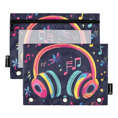 Fustylead Federmäppchen mit Cartoon-Kopfhörern und Musiknoten, für 3-Ringbinder, Reißverschlusstasche mit transparentem Fenster, Federmäppchen für Zuhause, Büro, Schule, Kinder, Lieferanten, 2 Stück von Fustylead