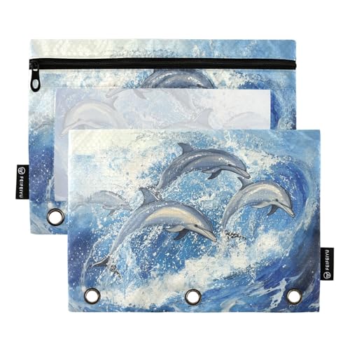 Fustylead Federmäppchen mit Delfinen, schwimmen und im Wasser springen, für 3-Ringbinder, Reißverschlusstasche mit transparentem Fenster, Federmäppchen für Zuhause, Büro, Schule, Kinder, Lieferanten von Fustylead
