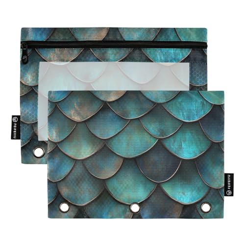 Fustylead Federmäppchen mit Drachen-Schuppen, für 3 Ringe, Bleistiftbeutel mit Reißverschluss, transparentes Fenster, für Schule, Büro, Kosmetik, Studenten, Zubehör, 2 Stück, grün von Fustylead
