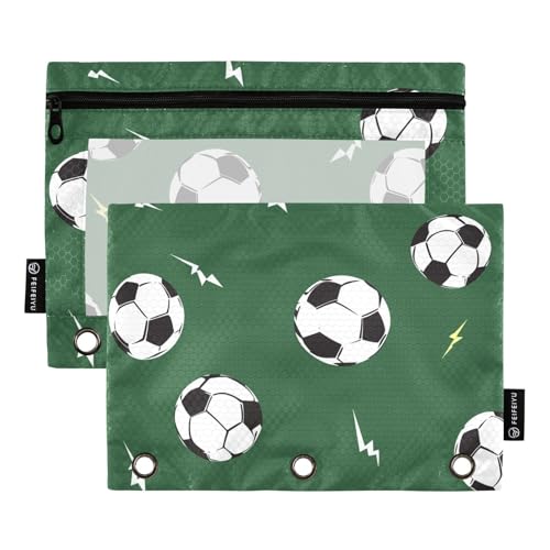 Fustylead Federmäppchen mit Fußball- und Blitzschild, grün, für 3 Ringe, Federmäppchen mit Reißverschluss, transparentes Fenster, für Schule, Büro, Kosmetik, Studenten, Zubehör, 2 Stück, grün von Fustylead
