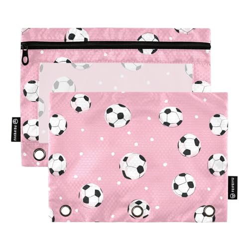 Fustylead Federmäppchen mit Fußballball auf rosa Hintergrund, großes Fassungsvermögen, passend für 3-Ringbinder, wasserdichtes Federmäppchen mit transparentem Fenster für Schule, Kosmetik, Büro von Fustylead
