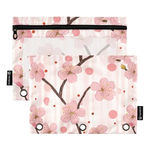 Fustylead Federmäppchen mit Kirschblüten auf Streifen, passend für Standard-3-Ring-Ordner, Reißverschluss-Bleistifttasche mit transparentem Fenster, für Büro, Schule, Kosmetik, 2 Stück, rose von Fustylead
