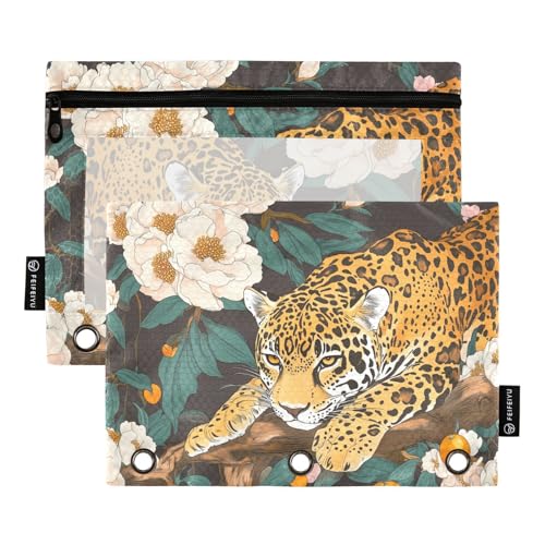 Fustylead Federmäppchen mit Leopardenmuster im Pfingstrosenwald, passend für Standard-3-Ringbinder, Reißverschluss-Bleistifttasche mit transparentem Fenster für Büro, Schule, Kosmetik, 2 Stück, braun von Fustylead