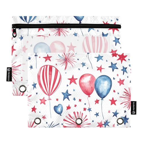 Fustylead Federmäppchen mit Luftballons und Sternen, mit transparentem Fenster für 3-Ring-Ordner, Reißverschluss, Kosmetiktasche für Schule, Büro, Kosmetik, Studenten, Zubehör, 2 Stück, weiß von Fustylead