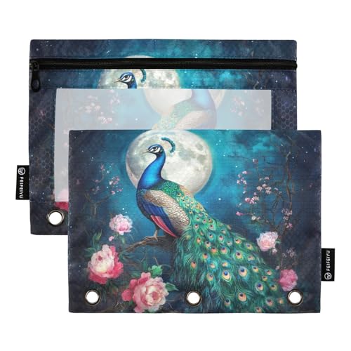 Fustylead Federmäppchen mit Pfau mit Vollmond und Blumen, passend für Standard-3-Ring-Ordner, Reißverschluss-Bleistifttasche mit transparentem Fenster für Büro, Schule, Kosmetik, 2 Stück, grün von Fustylead