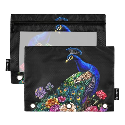 Fustylead Federmäppchen mit Pfauen- und Blumenmotiv, passend für Standard-3-Ring-Ordner, Reißverschluss-Bleistifttasche mit transparentem Fenster, für Büro, Schule, Kosmetik, 2 Stück, Schwarz von Fustylead