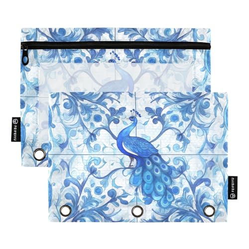 Fustylead Federmäppchen mit Pfauenvogel in blau-weißen Fliesen für 3-Ringbinder, Reißverschlusstasche mit transparentem Fenster, Federmäppchen für Zuhause, Büro, Schule, Kinder, Lieferanten, 2 Stück von Fustylead