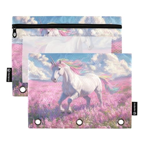 Fustylead Federmäppchen mit Regenbogen-Einhorn, das auf magischem Feld läuft, für 3-Ringbinder, Reißverschlusstasche mit transparentem Fenster, Federmäppchen für Zuhause, Büro, Schule, Kinder von Fustylead