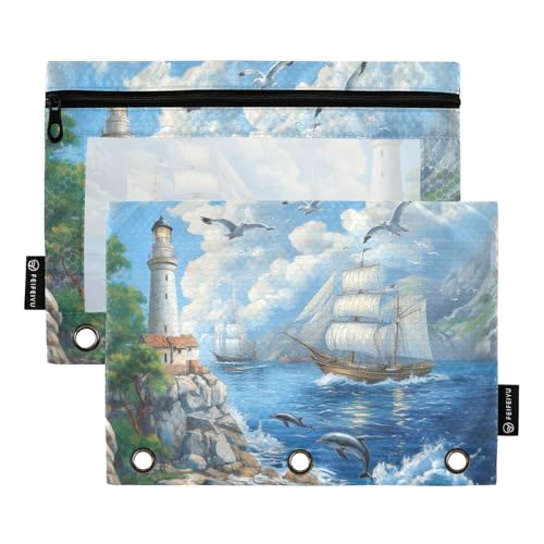 Fustylead Federmäppchen mit Segelschiffen und Delfinen im Meer, für 3-Ringbinder, Reißverschlusstasche mit transparentem Fenster, Federmäppchen für Zuhause, Büro, Schule, Kinder, Lieferanten, 2 Stück Fustylead Federmäppchen mit Segelschiffen und Delfinen im Meer, für 3-Ringbinder, Reißverschlusstasche mit transparentem Fenster, Federmäppchen für Zuhause, Büro, Schule, Kinder, Lieferanten, 2 Stück von Fustylead