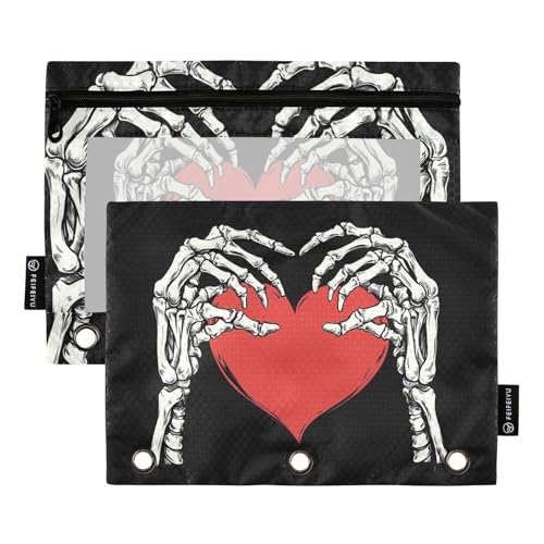 Fustylead Federmäppchen mit Skelett-Händen, Gesture of Love, passend für Standard-3-Ring-Ordner, Reißverschluss-Bleistifttasche mit transparentem Fenster für Büro, Schule, Kosmetik, 2 Stück, Schwarz von Fustylead