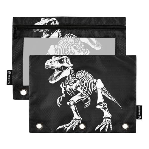 Fustylead Federmäppchen mit T-rex-Skelettknochen, passend für Standard-3-Ring-Ordner, Reißverschluss-Bleistifttasche mit transparentem Fenster, für Büro, Schule, Kosmetik, 2 Stück, Schwarz von Fustylead