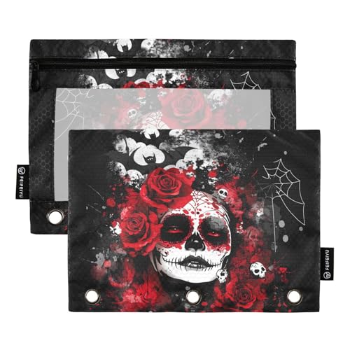 Fustylead Federmäppchen mit Totenkopf-Hexe mit roten Rosen, Fledermäusen und Spinnennetzen, passend für Standard-3-Ring-Ordner, Reißverschluss-Bleistifttasche mit transparentem Fenster für Büro Fustylead Federmäppchen mit Totenkopf-Hexe mit roten Rosen, Fledermäusen und Spinnennetzen, passend für Standard-3-Ring-Ordner, Reißverschluss-Bleistifttasche mit transparentem Fenster für Büro von Fustylead