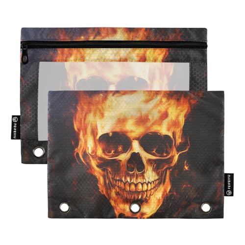 Fustylead Federmäppchen mit Totenkopf auf Feuer, Retro-Stil, für 3 Ringe, Bleistiftbeutel mit Reißverschluss, transparentes Fenster, für Schule, Büro, Kosmetik, Studenten, Zubehör, 2 Stück, braun von Fustylead