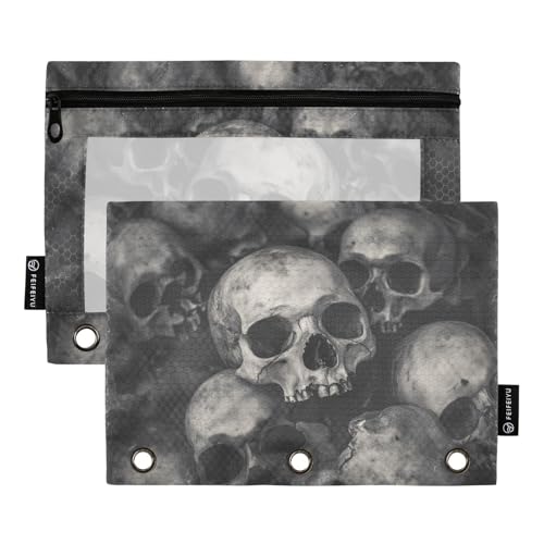 Fustylead Federmäppchen mit Totenkopfknochen in Schwarz und Weiß, für 3 Ringe, Bleistiftbeutel mit Reißverschluss, transparentes Fenster, für Schule, Büro, Kosmetik, Studenten, Zubehör, 2 Stück, grau von Fustylead