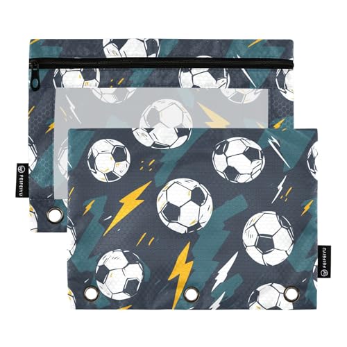 Fustylead Federmäppchen mit abstraktem Fußball- und Blitzschild, Federmäppchen für 3 Ringe, Federmäppchen mit Reißverschluss, transparentes Fenster, für Schule, Büro, Kosmetik, Studenten, Zubehör, 2 von Fustylead