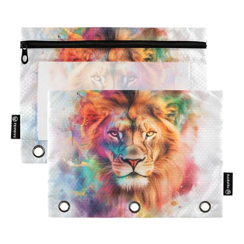 Fustylead Federmäppchen mit abstraktem Löwen-Tier-Porträt, Aquarell-Bleistifttasche mit transparentem Fenster für 3-Ringbinder, Reißverschluss-Federmäppchen, Kosmetiktaschen für Schule, Büro, Kosmetik von Fustylead