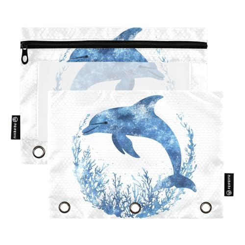 Fustylead Federmäppchen mit blauem Delfin-Silhouette mit Korallenriff, mit transparentem Fenster für 3-Ringbinder, Reißverschluss-Federmäppchen, Kosmetiktaschen für Schule, Büro, Kosmetik, Studenten von Fustylead