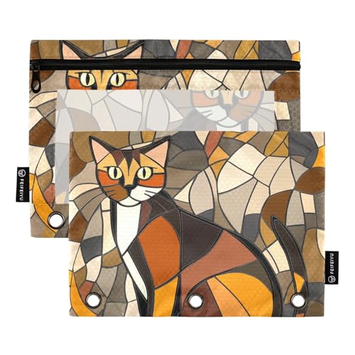 Fustylead Federmäppchen mit brauner Katze im Buntglas-Stil, passend für Standard-3-Ring-Ordner, Reißverschluss-Bleistifttasche mit transparentem Fenster für Büro, Schule, Kosmetik, 2 Stück, braun von Fustylead