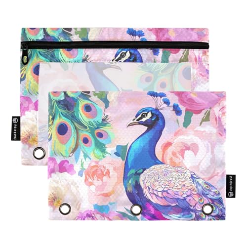 Fustylead Federmäppchen mit bunten Blumen und Pfau, großes Fassungsvermögen, passend für 3-Ringbinder, wasserdichtes Federmäppchen mit transparentem Fenster für Schule, Kosmetik, Büro, Studenten von Fustylead