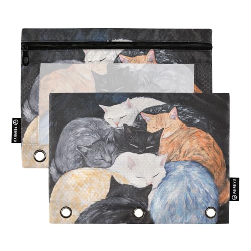 Fustylead Federmäppchen mit bunten Katzen, passend für Standard-3-Ring-Ordner, Reißverschluss-Bleistifttasche mit transparentem Fenster für Büro, Schule, Kosmetik, 2 Stück, Schwarz von Fustylead