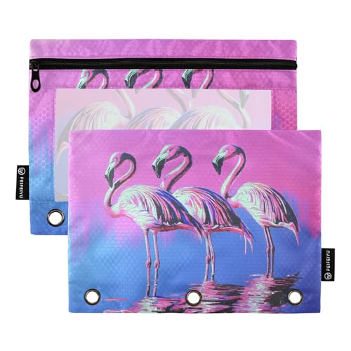 Fustylead Federmäppchen mit drei verchromten Flamingos, für 3 Ringe, Federmäppchen mit Reißverschluss, transparentes Fenster, für Schule, Büro, Kosmetik, Studenten, Zubehör, 2 Stück, rose von Fustylead