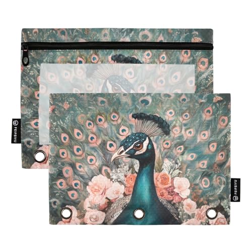 Fustylead Federmäppchen mit grünem Pfau mit Blume, passend für Standard-3-Ringbinder, Reißverschluss-Bleistifttasche mit transparentem Fenster, für Büro, Schule, Kosmetik, 2 Stück, grün von Fustylead