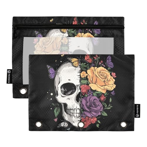 Fustylead Federmäppchen mit halbem Blumenmuster und Totenkopf mit Schmetterling, passend für Standard-3-Ring-Ordner, Reißverschluss-Bleistifttasche mit transparentem Fenster für Büro, Schule, Kosmetik von Fustylead