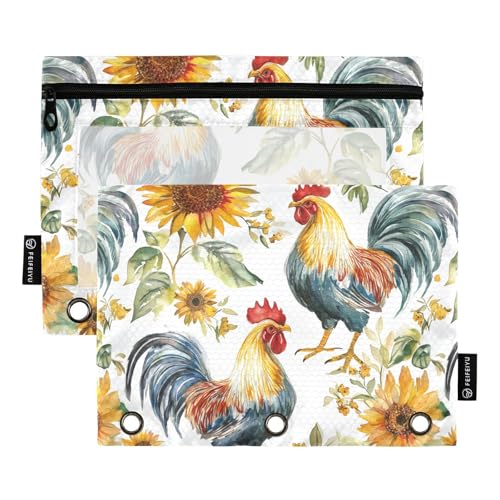 Fustylead Federmäppchen mit hübschem Huhn, Hahn und Sonnenblume, für 3 Ringe, Bleistiftbeutel mit Reißverschluss, transparentes Fenster, für Schule, Büro, Kosmetik, Studenten, Zubehör, 2 Stück, weiß von Fustylead