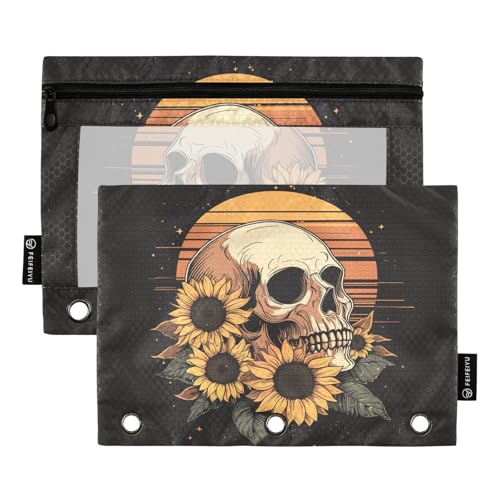 Fustylead Federmäppchen mit menschlichem Totenkopf und Sonnenblume über Sonnenuntergang, für 3 Ringe, Federmäppchen mit Reißverschluss, transparentes Fenster, für Schule, Büro, Kosmetik, Studenten, 2 von Fustylead