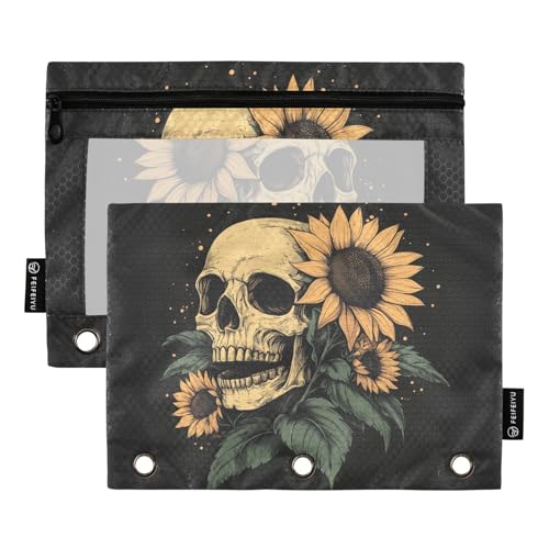 Fustylead Federmäppchen mit menschlichem Totenkopf und Sonnenblumen-Design, für 3 Ringe, Bleistiftbeutel mit Reißverschluss, transparentes Fenster, für Schule, Büro, Kosmetik, Studenten, Zubehör, 2 von Fustylead