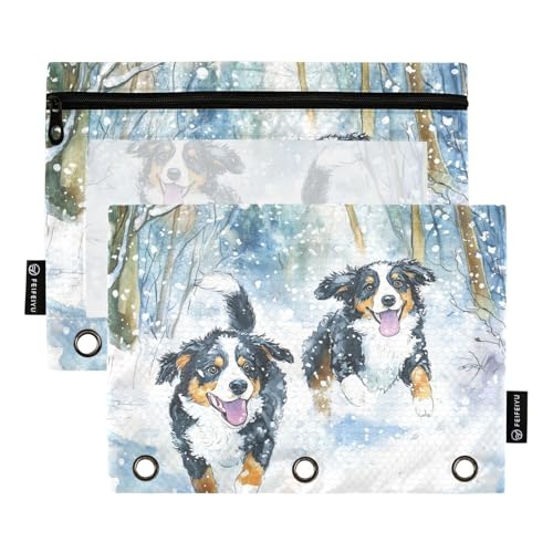Fustylead Federmäppchen mit niedlichem Berner Sennenhund, die im verschneiten Wald spielen, mit transparentem Fenster für 3-Ringbinder, Reißverschluss-Federmäppchen, Kosmetiktaschen für Schule, Büro von Fustylead