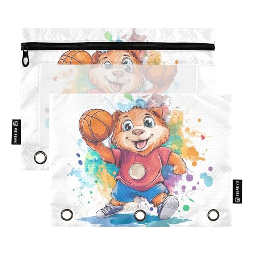 Fustylead Federmäppchen mit niedlichem Cartoon-Bär, Tier, Spiel, Basketball, passend für Standard-3-Ring-Ordner, Reißverschluss-Bleistifttasche mit transparentem Fenster, für Büro, Schule, Kosmetik, 2 von Fustylead