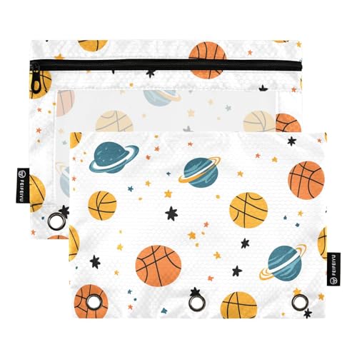 Fustylead Federmäppchen mit niedlichem Cartoon-Basketball- und Sternenmotiv, für 3 Ringe, Bleistiftbeutel mit Reißverschluss, transparentes Fenster, für Schule, Büro, Kosmetik, Studenten, Zubehör, 2 von Fustylead