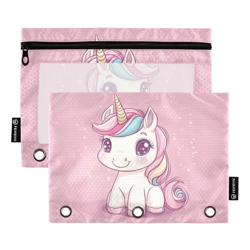 Fustylead Federmäppchen mit niedlichem Cartoon-Einhorn, für 3-Ringbinder, Reißverschlusstasche mit transparentem Fenster, Federmäppchen für Zuhause, Büro, Schule, Kinder, Lieferanten, 2 Stück, rose von Fustylead
