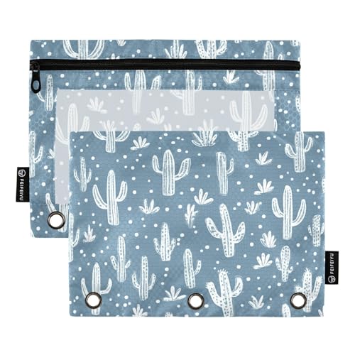 Fustylead Federmäppchen mit niedlichem Cartoon-Kaktus im Boho-Stil, passend für Standard-3-Ring-Ordner, Reißverschluss-Bleistifttasche mit transparentem Fenster, für Büro, Schule, Kosmetik, 2 Stück von Fustylead