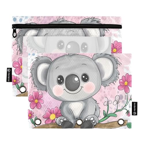 Fustylead Federmäppchen mit niedlichem Cartoon-Koala und Blume, großes Fassungsvermögen, passend für 3-Ringbinder, wasserdichtes Federmäppchen mit transparentem Fenster für Schule, Kosmetik, Büro von Fustylead