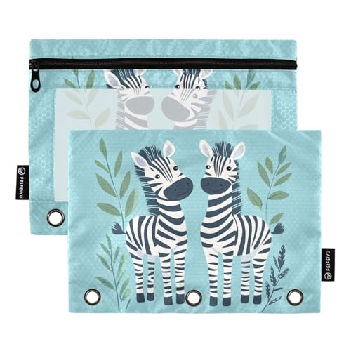 Fustylead Federmäppchen mit niedlichem Cartoon-Zebras und Blättern und transparentem Fenster für 3-Ringbinder, Reißverschluss-Federmäppchen, Kosmetiktaschen für Schule, Büro, Kosmetik, Studenten von Fustylead